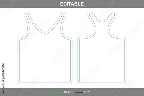 V-neck tank top dieline with editable vector die line, printable garment template, apparel packaging layout, professional clothing mockup, and tank top apparel design