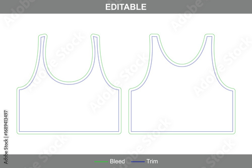 Women’s black crop tank top dieline with editable vector die line, female, girls, and ladies garment template, printable apparel mockup, and crop tank top design