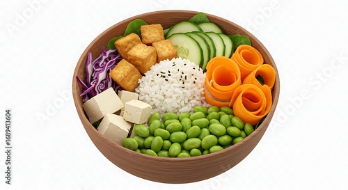 Colorful Vegan Poke Bowl with Tofu and Fresh Vegetables.