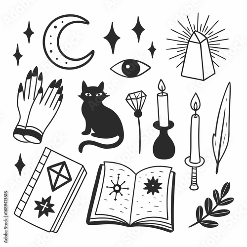 Witchy and Magical Symbols Line Art – Moon, Crystal, Potion Vector