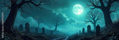 Eerie, atmospheric background with overgrown graveyard, skeletal trees, and a misty, moonlit sky Perfect for Halloween, horror, gothic, or mystery themes , death, thriller, mist