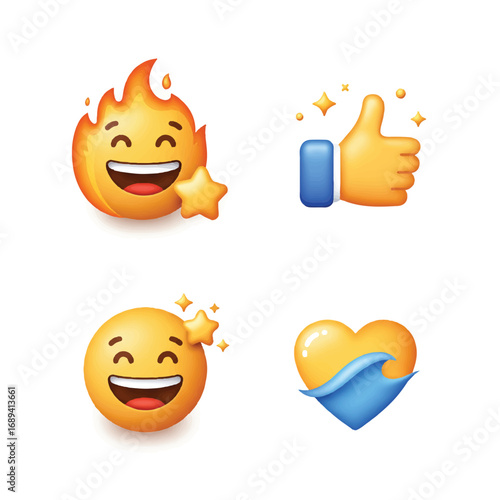 Stylized Vector Social Reaction Icons Set: Emoji Flame, Thumbs Up Star, Laughing Face Orbit, Heart Wave – Expressing Emotions and Engagement Online