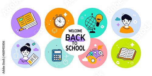 Welcome back to school collection of colorful icons featuring students books globe calculator and more