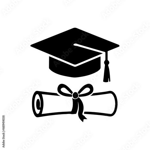 Graduation cap and diploma certificate icon - Black silhouette icon of a graduation cap with diploma scroll, symbolizing education, academic success, achievement, university studies, and scholarly rec