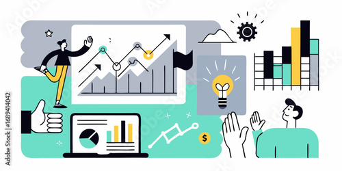 Business growth and success illustrated with charts graphs and people celebrating achievements