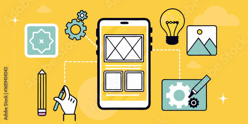 Creative mobile app design process with wireframing and idea generation