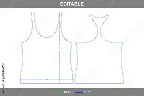 Women’s racerback tank dieline with editable vector die line, female, girls, and ladies apparel template, printable garment mockup, professional tank top packaging design