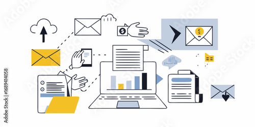 Digital workflow illustration showing data analysis email communication cloud storage and financial transactions