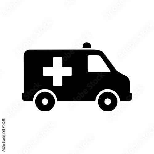 Ambulance vehicle icon for emergency medical services - Black silhouette icon of an ambulance with a medical cross, symbolizing emergency healthcare, rescue, hospital transport, and urgent medical res