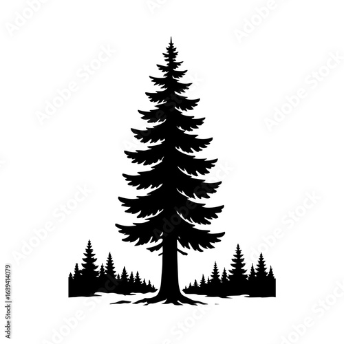 Pine tree silhouette for forest and nature - Black silhouette illustration of a tall pine tree with smaller trees, symbolizing forest, wilderness, environment, and outdoor natural landscapes.

