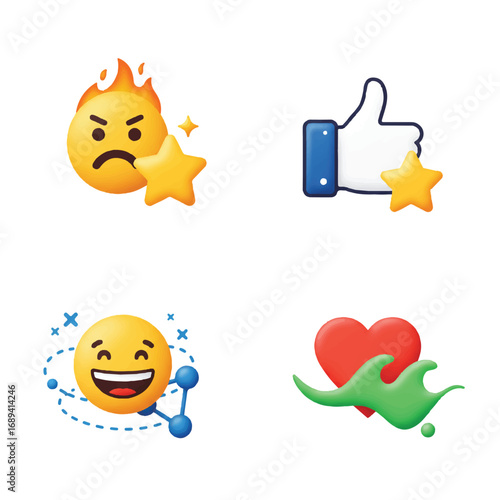Stylized Flat Vector Social Reaction Emojis & Icons: Flame, Star, Orbit, Wave - Digital Engagement, Approval & Sentiment