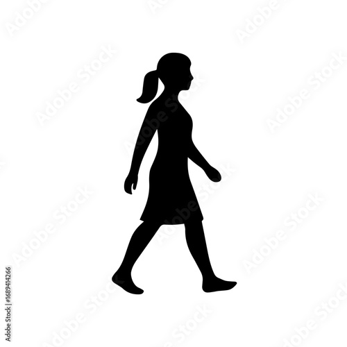 Woman walking silhouette icon - Black silhouette of a woman walking, wearing a dress with her hair tied back, symbolizing movement, pedestrian, walking, activity, and lifestyle.
