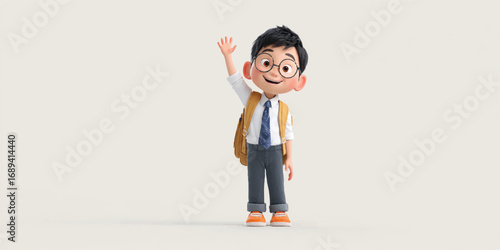 Cheerful boy waving hello wearing glasses and school uniform ready for learning experiences and academic success