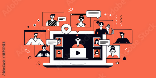 Diverse group of people communicating and collaborating online through video calls and chat bubbles