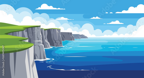 Scenic coastal cliffs meet vibrant blue ocean under a bright cloudy sky landscape vector