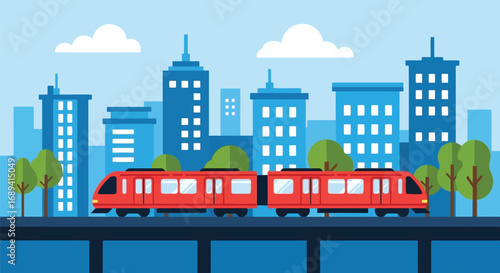 Modern electric train traveling through a futuristic cityscape with tall buildings and green trees vector