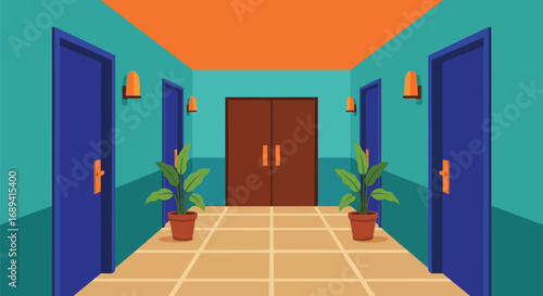 Modern hotel corridor with doors and plants minimalist design vector