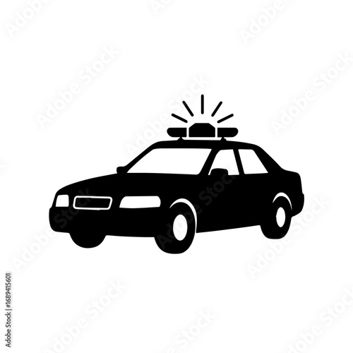 Police car with siren light silhouette icon - Black silhouette of a police car with flashing siren light, symbolizing law enforcement, emergency response, safety, and security services.
