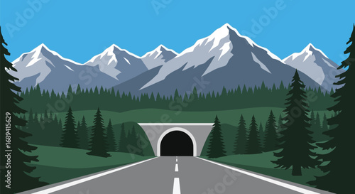Mountain landscape road tunnel entrance forest scenery adventure journey destination vector