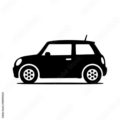 Compact small car silhouette transport icon - Black silhouette of a compact car, symbolizing urban transport, travel, driving, economy vehicle, commuting, and modern city lifestyle.
