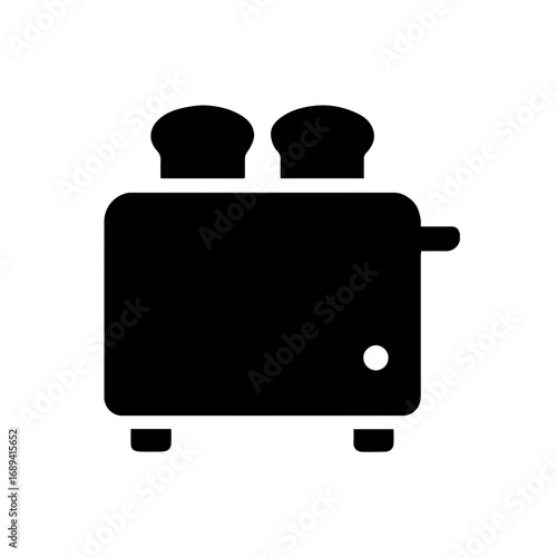Toaster with bread slices kitchen appliance icon - Black silhouette icon of a toaster with two bread slices, symbolizing breakfast, kitchen appliance, cooking, and household food preparation.
