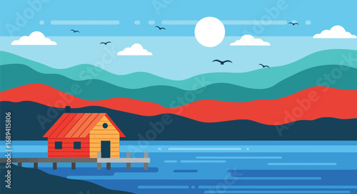 Tranquil lakeside cabin with mountain backdrop serene nature landscape illustration vector
