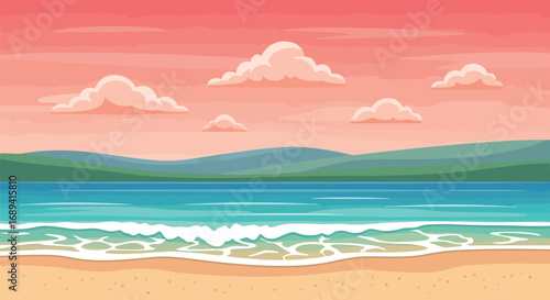 Pixel art beach sunset ocean waves scenic landscape summer vacation tropical paradise vector