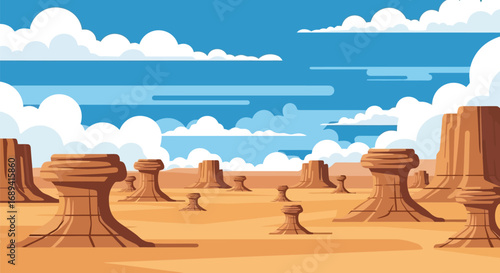 Cartoon desert landscape with stylized rock formations and fluffy clouds under a bright blue sky vector