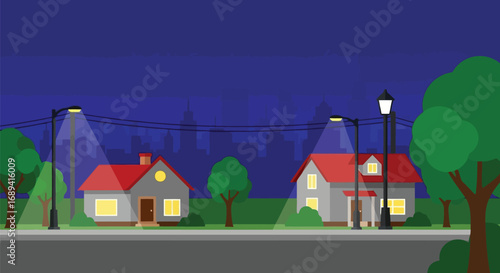 Charming cartoon village scene at dusk with illuminated houses and streetlights vector