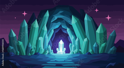 Magical glowing crystal cave entrance enchanted fantasy grotto light source vector