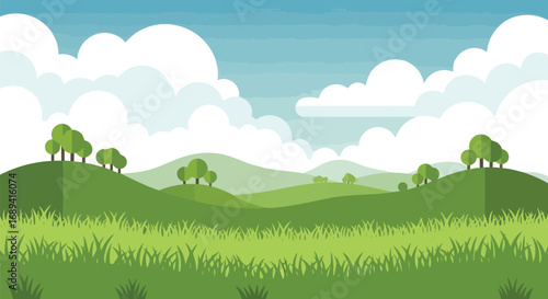 Cartoon spring meadow green hills rolling landscape blue sky white clouds scenic nature vector