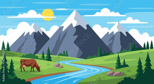 Idyllic mountain landscape with grazing cow river and trees under blue sky vector