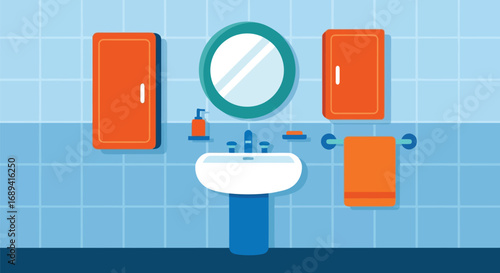 Modern bathroom vanity sink mirror cabinet towel holder flat illustration vector