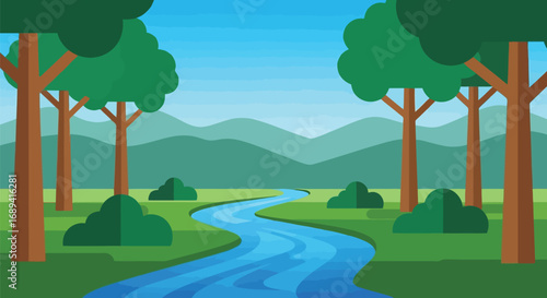 Serene winding river through lush green forest hills landscape nature scene vector