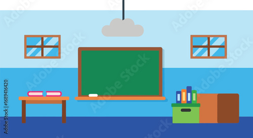 Cartoon classroom scene with chalkboard desk and happy robot character illustration vector