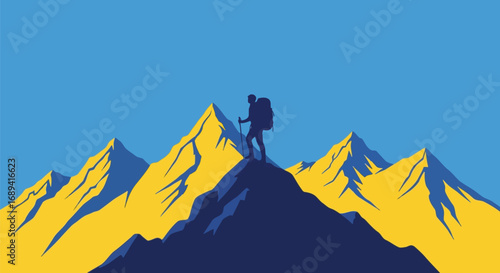 Solo hiker stands atop jagged mountain peak enjoying summit view bright sunny sky vector
