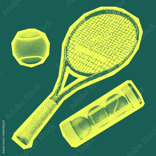 retro halftone style collection of tennis ball, racket, can of tennis balls, stipple effect illustration
