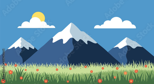 Flat design majestic snow capped mountains under sunny sky with green meadow vector