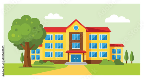 Modern school building exterior with lush green tree and sunny daytime sky vector