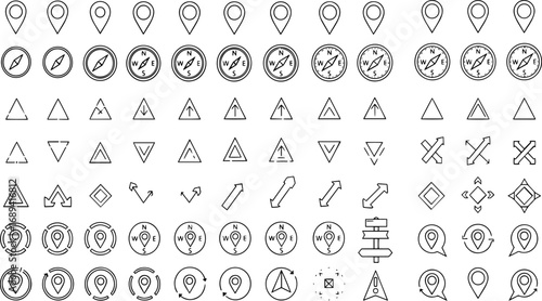Set of Line Icons for Maps, Navigation and Travel | GPS Location Markers, Compass, Direction Signs, Warning Symbols, Route Indicators for App Design and Infographics