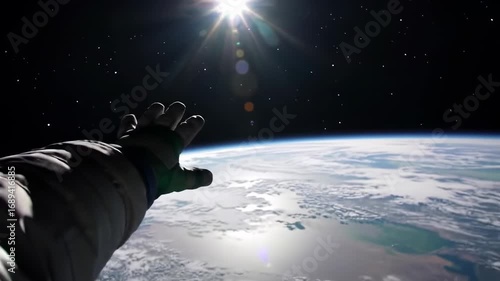 Astronaut's hand reaching out towards Earth from space
