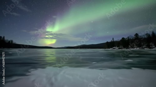 Aurora borealis over frozen lake