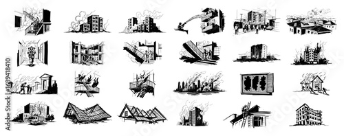 Destroyed buildings icons collection sketch vector