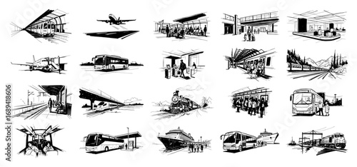 Public transport and tourism vector sketch collection