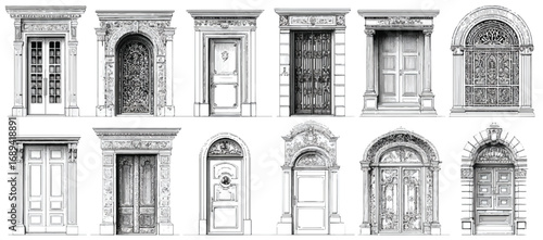 Collection of illustrated vintage doors in different styles showcasing architectural details and historical design elements perfect for design projects