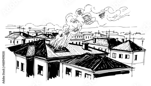 Burning rooftop in residential neighborhood sketch