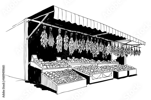 Farmers market produce stall sketch