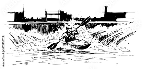 Kayaker whitewater river adventure sketch vector