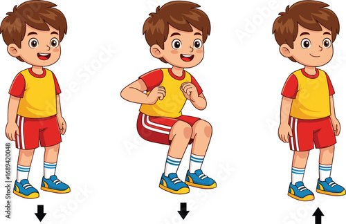Cartoon squat exercise illustration, physical activity sequence vector, fitness movement guide, child workout pose set, health education artwork, proper form training graphic