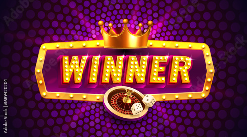 Winner frame label, slot sign machine, night Vegas. Vector illustration